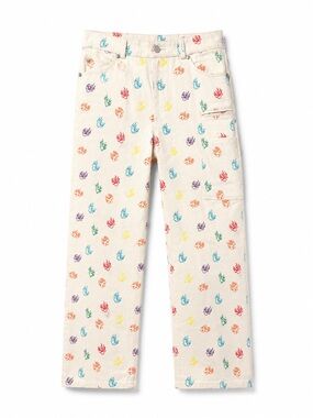 High-Rise Cream Jeans with Multicolor Flame Embroidery